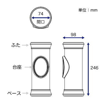 小さなデザイン骨壷（骨壺）【sorea（ソレア）】Mサイズ　割れない密封式防水骨壷　商品サイズ・各部名称